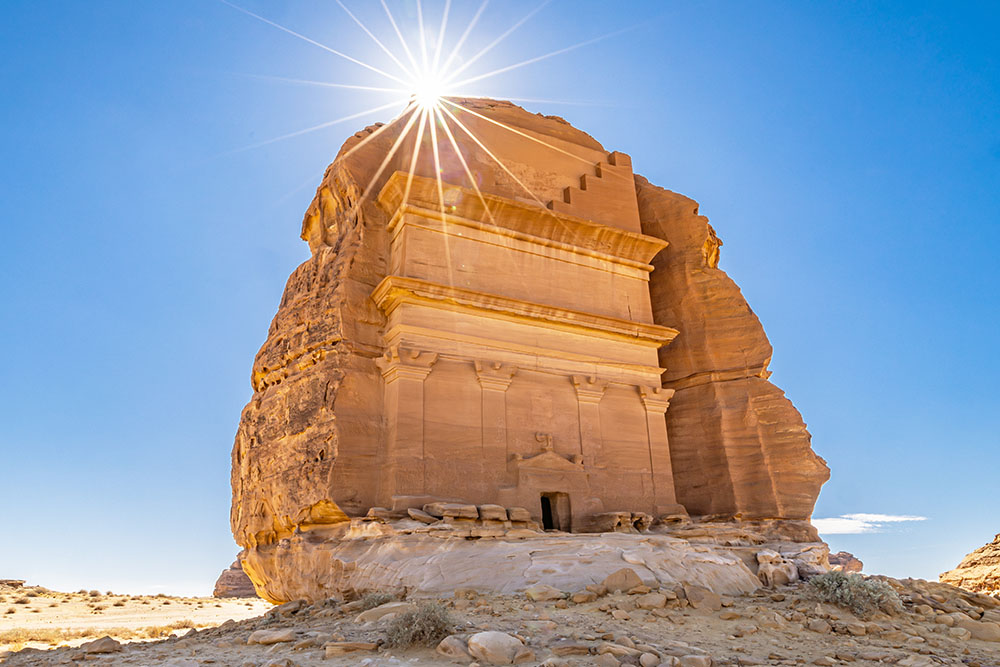 Nabatean rock cut ruins at the Hegra archaeological area.